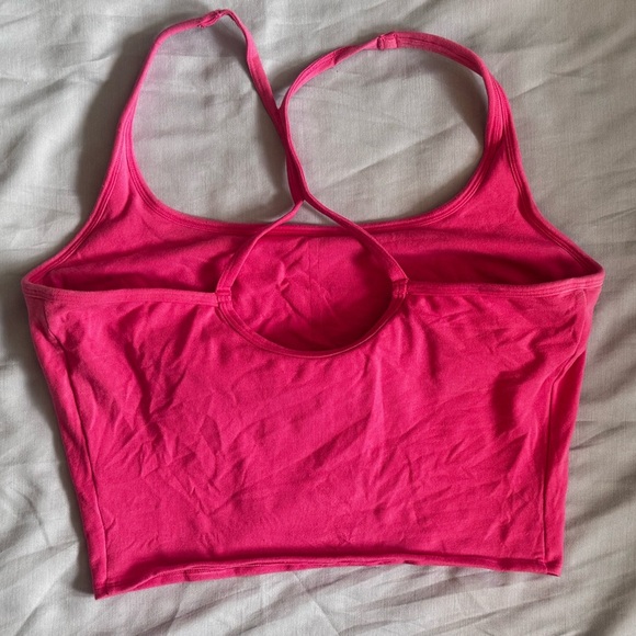 Victoria’s Secret PINK Rhinestone Logo Cami Crop Top Hot Pink Sz L Built-In Bra - Picture 2 of 3